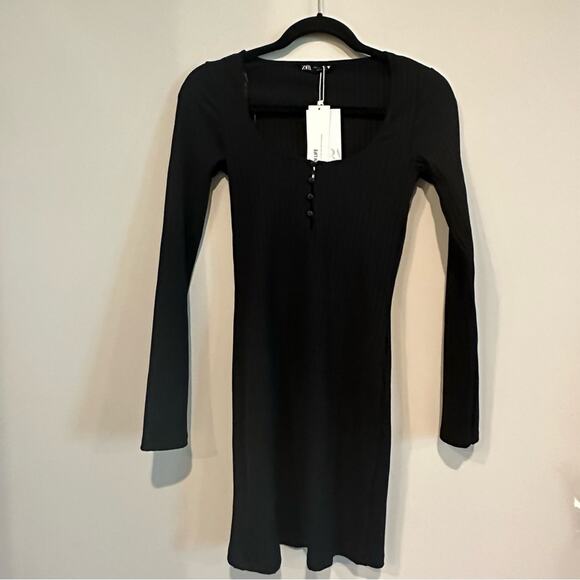 Zara Women’s Ribbed Stretch Henley Button Up Bodycon Fitted Dress Long Sleeves - Picture 4 of 7
